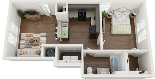 A top-down view of a small apartment with a kitchen, living room, and bedroom.
