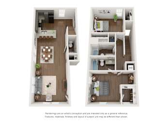 A floor plan of a two-bedroom apartment with a living room, kitchen, and bathroom.