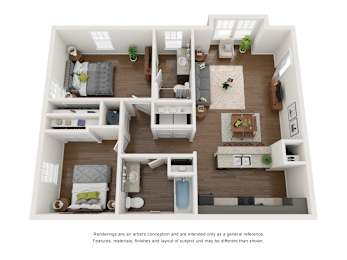A 3D floor plan of a small apartment with a kitchen, living room, and two bedrooms.