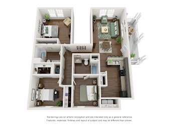 A floor plan of a two-bedroom apartment with a living room, kitchen, and bathroom.