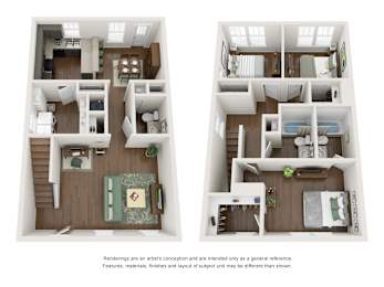 Two floor plans of a house with a living room, kitchen, and bedrooms.