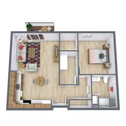 A top-down view of a modern apartment layout with a kitchen, living room, and bedroom.