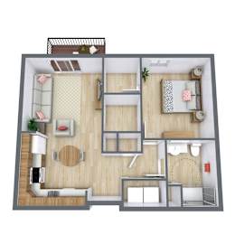 A top-down view of a small apartment with a living room, kitchen, and bedroom.