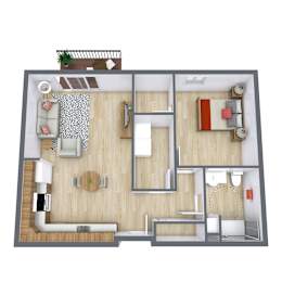 A top-down view of a living room with a couch, coffee table, and a potted plant.
