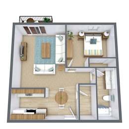 A 3D floor plan of a small apartment with a kitchen, living room, and bathroom.
