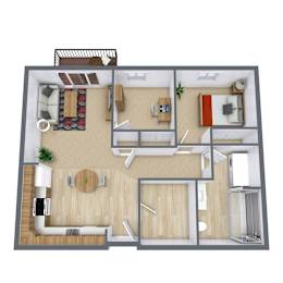 A top-down view of a modern apartment layout with a living room, kitchen, dining area, and bedrooms.