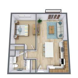 A top-down view of a modern apartment layout with a living room, kitchen, and dining area.