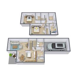 A 3D floor plan of a house with two bedrooms, a living room, a kitchen, a dining room, a bathroom, and a garage.