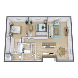 A 3D floor plan of a house with multiple rooms and furniture.
