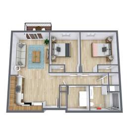 A top-down view of a house layout with a living room, kitchen, and bathroom.