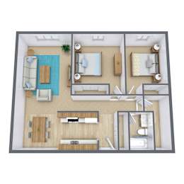 A 3D floor plan of a house with a living room, kitchen, dining room, and bathroom.