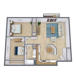 A top-down view of a house layout with a living room, kitchen, and two bedrooms.