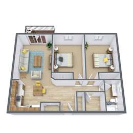 A 3D floor plan of a house with a living room, kitchen, and two bedrooms.