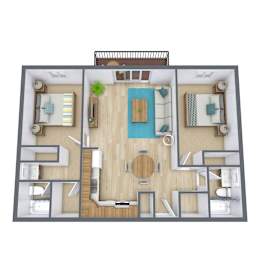 A top-down view of a house layout with a central living room, kitchen, and bedrooms.