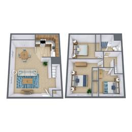 A floor plan of a two-story apartment with a living room, kitchen, and bedrooms.