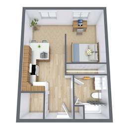 A 3D floor plan of a small apartment with a bedroom, living room, and kitchen.
