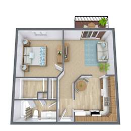 A 3D floor plan of a house with a living room, kitchen, and bathroom.
