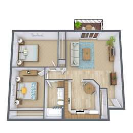 A 3D floor plan of a house with a living room, kitchen, dining room, and bathroom.