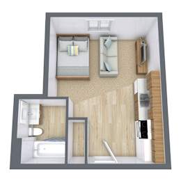 A 3D floor plan of a small apartment with a bedroom, living room, and kitchen.