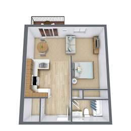 A 3D floor plan of a small apartment with a kitchen, living room, and bathroom.