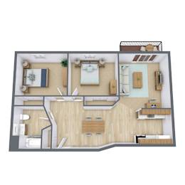 A 3D floor plan of a house with a kitchen, living room, and bedrooms.
