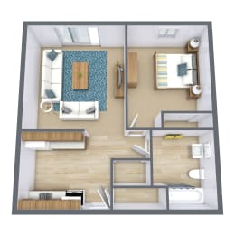 a floor plan of a bedroom with a bathroom and a living room. Crookston, ND Barrette Arms Apartments