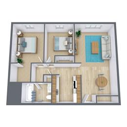 A 3D floor plan of a house with a living room, kitchen, dining room, and bedrooms.