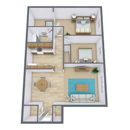 A 3D floor plan of a house with a living room, kitchen, dining area, and bedrooms.