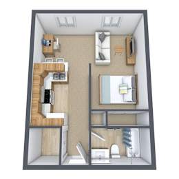 A 3D rendered image of a small apartment layout.