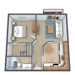 A 3D floor plan of a small apartment with a bedroom, living room, and kitchen.