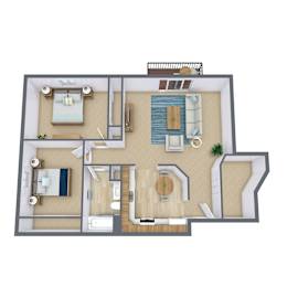 A top-down view of a house layout with a living room, kitchen, dining area, and bathroom.