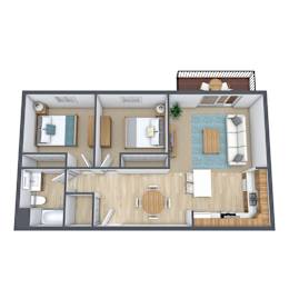 A 3D floor plan of a house with a kitchen, living room, and bathroom.