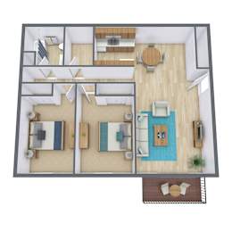 A top-down view of a modern living room with a sofa, a coffee table, and a dining table.