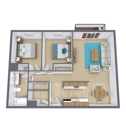 a 3d floor plan of a bedroom with a living room