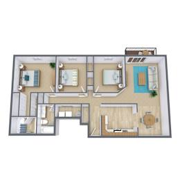 A 3D floor plan of a house with a living room, kitchen, dining room, and bedrooms.