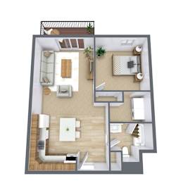 A top-down view of a house layout with a living room, kitchen, and two bedrooms.
