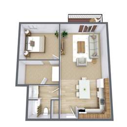 A 3D floor plan of a two-bedroom apartment with a living room, kitchen, and bathroom.