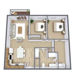 A 3D floor plan of a house with a kitchen, living room, and bathroom.