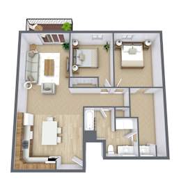 A 3D floor plan of a house with labeled rooms.