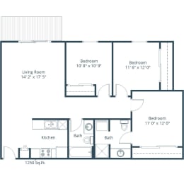 Three Bedroom Floor Plan 32A  at Deerfield Apartments, Iowa, 51503