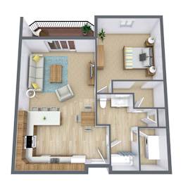a 3d drawing of the layout of a bedroom with a bathroom and living room