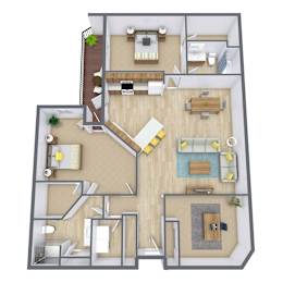 A top-down view of a house layout with a living room, kitchen, and two bedrooms.