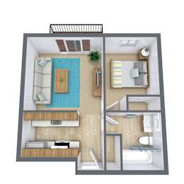 A 3D floor plan of a small apartment with a bedroom, living room, and bathroom.