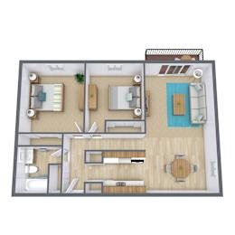 A 3D floor plan of a house with a kitchen, living room, and dining area.