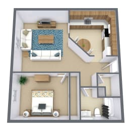a 3d drawing of a bedroom with a bathroom and a living room