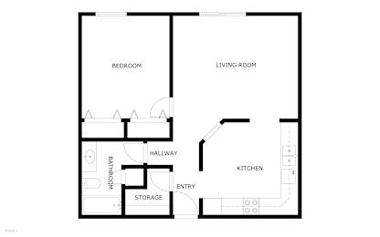 A floor plan of a house with a bedroom, living room, kitchen, bathroom, entry, and storage.