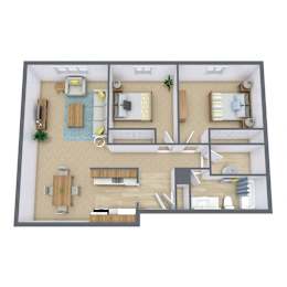 A 3D floor plan of a house with a kitchen, living room, and two bedrooms.