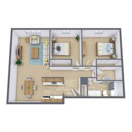 A 3D floor plan of a house with a kitchen, living room, and two bedrooms.