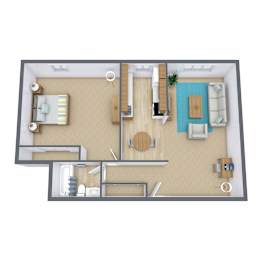 A 3D floor plan of a house with a living room, kitchen, and two bedrooms.