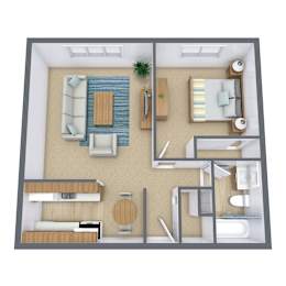 A 3D floor plan of a small apartment with a living room, kitchen, and bathroom.